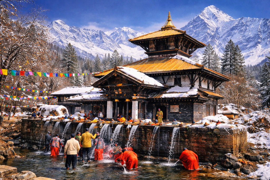 Muktinath Temple and Himalayan pilgrims
