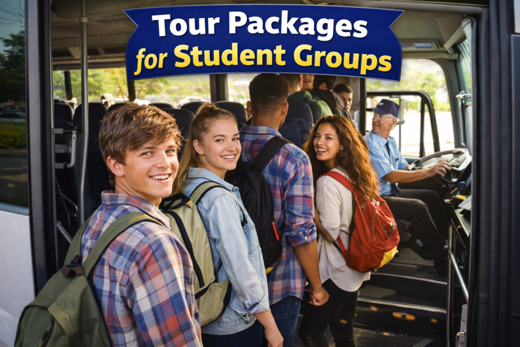 Last-Minute Performance Tour Packages for Student Groups boarding the tour bus