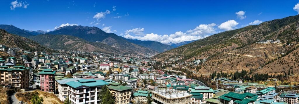 Top view Thimpu city, the capital of Bhutan surrounded by mountains in summer season