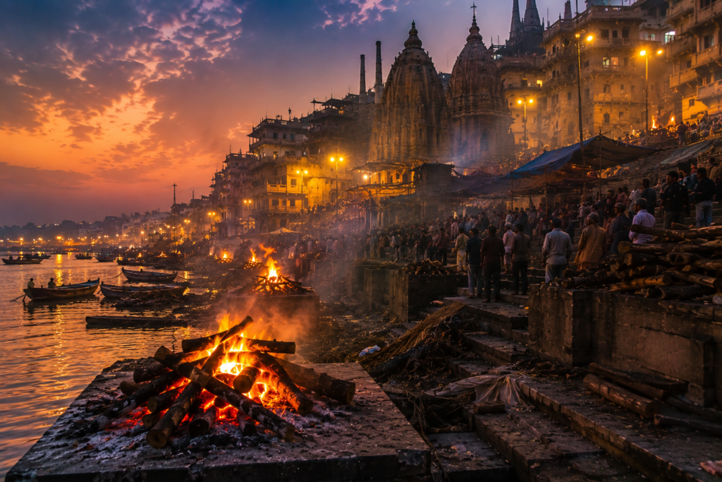 Cremation ghat by the river at dusk - Manikarnika Ghat Varanasi Guide