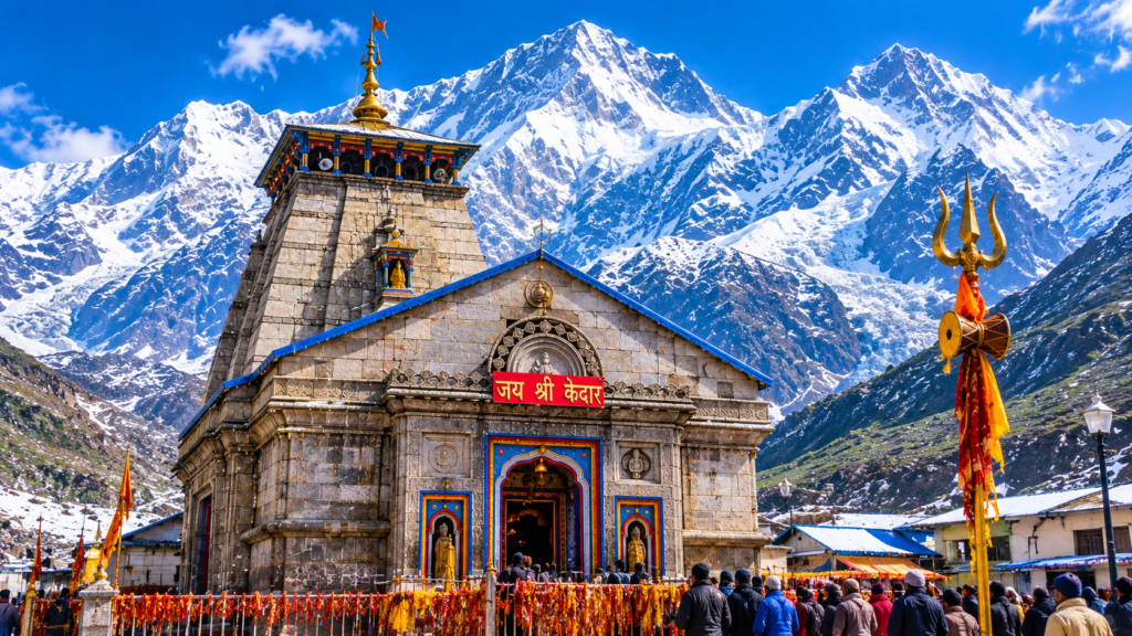 Kedarnath Temple surrounded by majestic snow-capped Himalayan mountain peaks and clear blue skies in Uttarakhand India