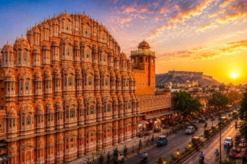 Palace at sunset with bustling street
