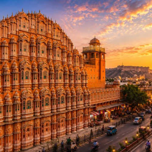 Palace at sunset with bustling street