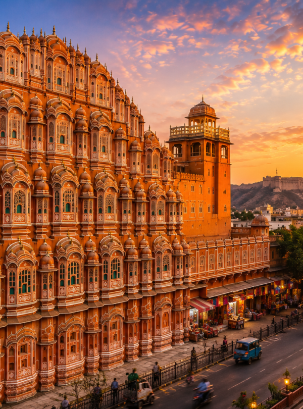 Palace at sunset with bustling street