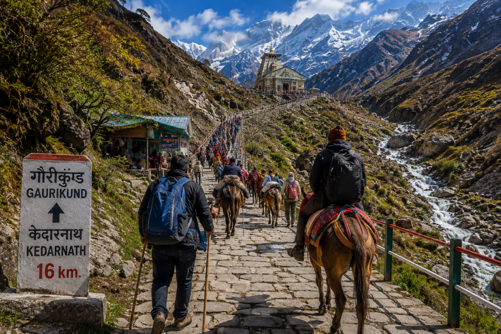 Pilgrims trekking on the 16 km stone pathway from Gaurikund to Kedarnath temple shrine with mules along the Garhwal mountain terrain